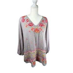 Savanna Jane Embroidered Boho Tunic Top Large Gray Floral Peasant Blouse